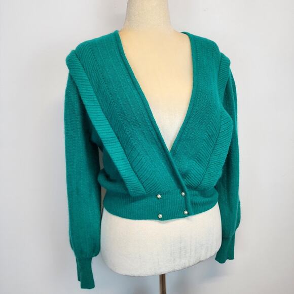 Vintage Sideffects Sweater Size M Green Pearl Buttons Balloon Sleeve Deep Neck - Picture 4 of 16